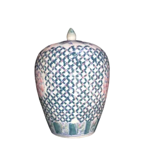 Chinese Export Blue Pink and White Asian Famille Rose Floral Lattice Ceramic Ginger Jar Urn With Lid Export
