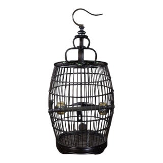 Vintage Hardwood Birdcage With Mother-of-Pearl Inlay and Porcelain Cups For Sale