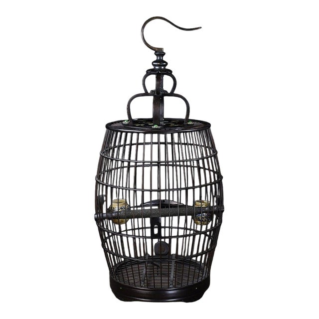 Vintage Hardwood Birdcage With Mother-of-Pearl Inlay and Porcelain Cups For Sale