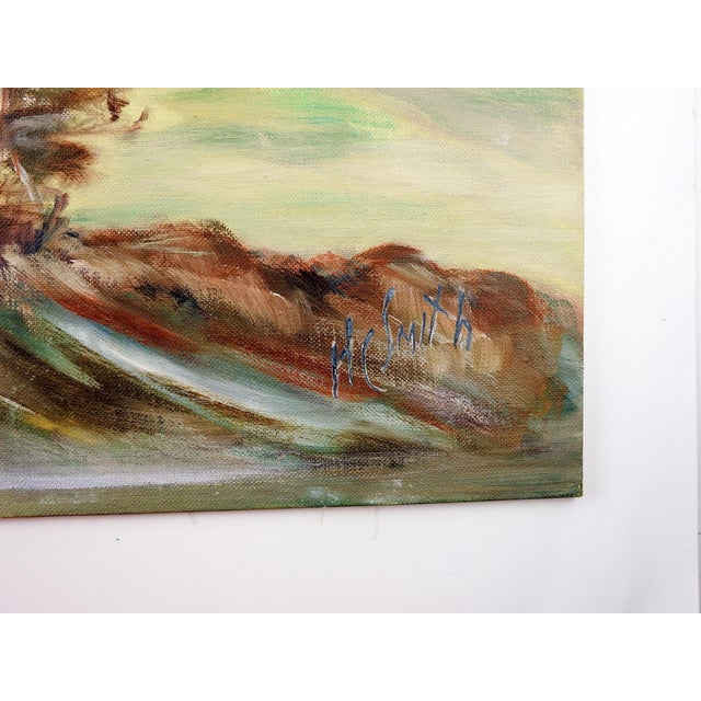 Mid 20th century oil on canvas board impressionist painting of a mountain valley landscape. Signed H. C. Smith lower right...