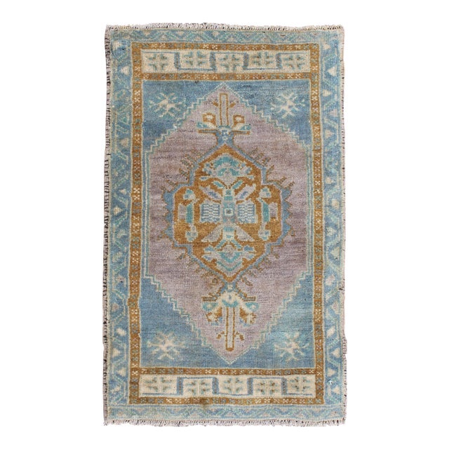 Vintage Turkish Oushak Rug in Sky Blue, Lavender and Cognac Brown For Sale