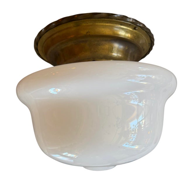1920s Large Vintage Schoolhouse Milk Glass Flushmount Ceiling Fixture For Sale - Image 4 of 4