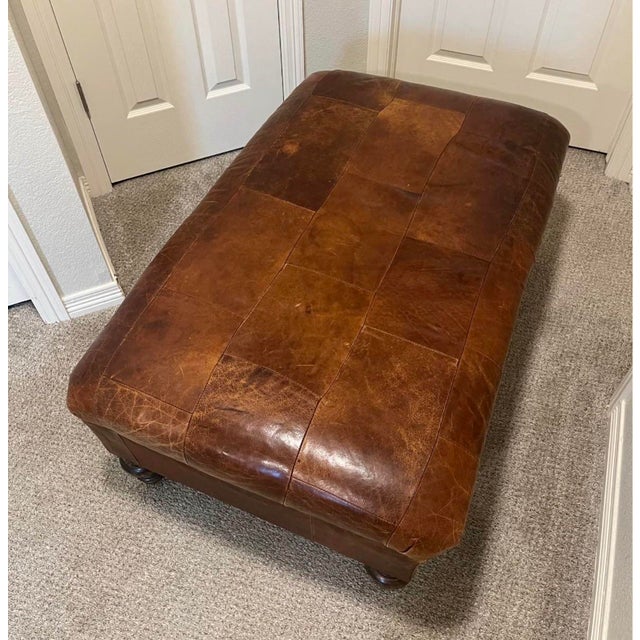 Fantastic high quality Berkshire leather patch ottoman. Expert craftsmanship. High quality leather.