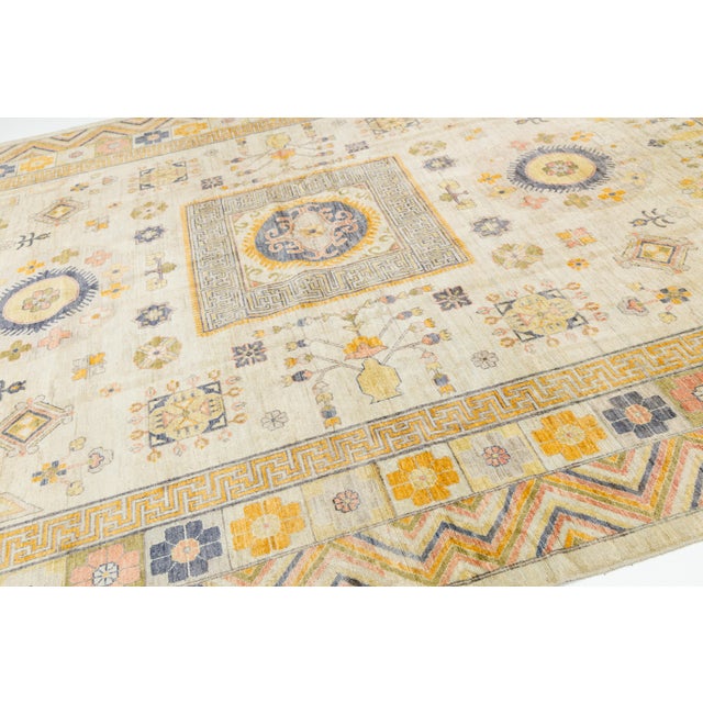 Textile Modern Khotan Style Hand-Knotted Wool Rug Neutral & Ochre Transitional 10x14 For Sale - Image 7 of 12