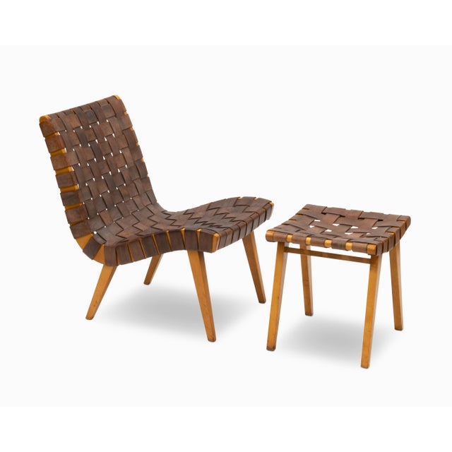Here is an early Model 654 chair with accompanying ottoman by Jens Risom for Knoll Associates, 1941. This example in its...