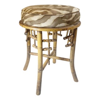 1940s English Bamboo Footstool Upholstered in Vintage Clarence House Linen For Sale