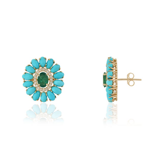 Art Deco Native American 14k Gold 7.0ct Emerald Turquoise & Diamond Flower Stud Earrings- A Pair For Sale - Image 3 of 14