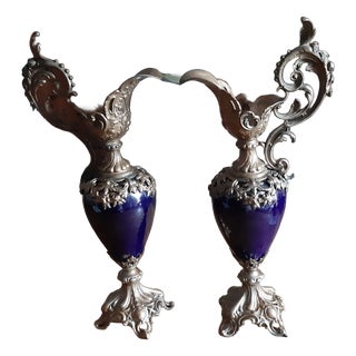 Gilt Regule and Blue Glass Ewers, 1900, Set of 2 For Sale