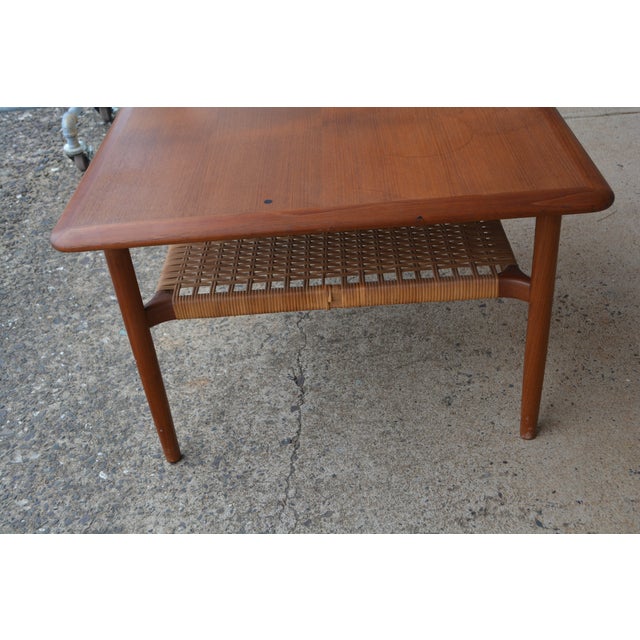 Mid Century Modern Square Danish Teak Coffee Table W/Cane Shelf Attributed to Gunnar Schwartz For Sale - Image 4 of 18