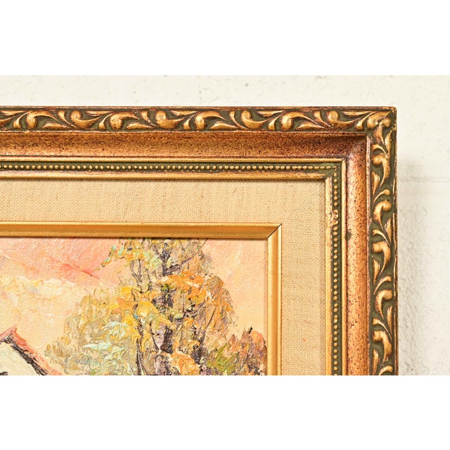 Brown Original Artist Signed Impressionist Rural Landscape Oil on Canvas Painting of Cottage in Carved Giltwood Frame For Sale - Image 8 of 12