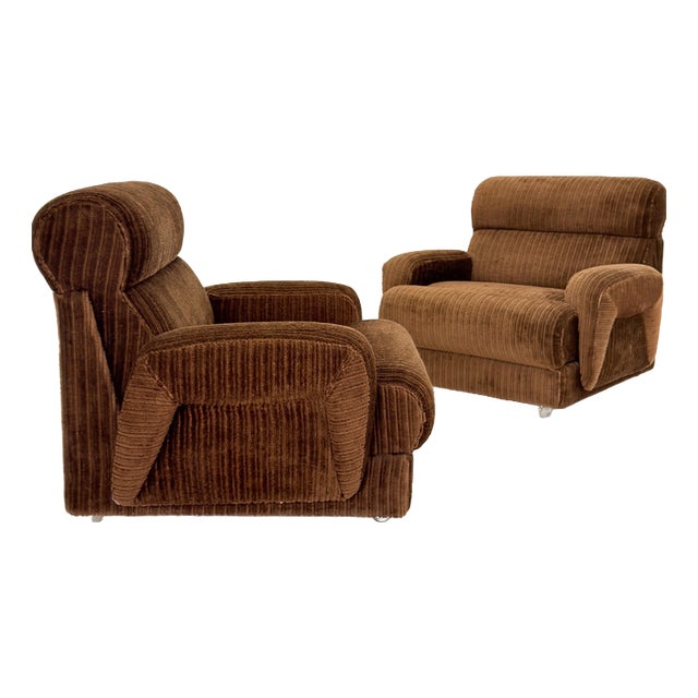 Mid-Century Brown Corduroy Lounge Chair on Casters, 1970s For Sale