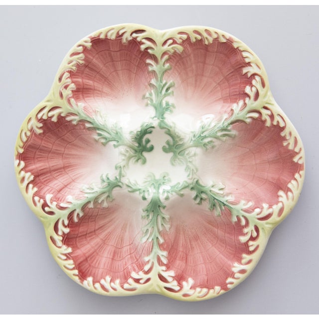 Antique French Keller and Guerin Luneville Majolica Pink Seaweed Oyster Plate, Circa 1890 For Sale In Houston - Image 6 of 6