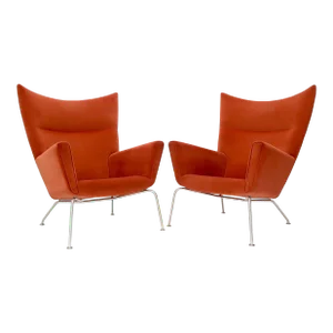 Pair of Hans Wegner for Carl Hansen Wing Chair in Orange Velvet like Fabric OX