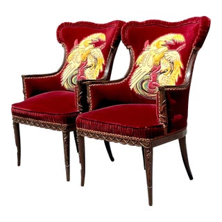 Vintage Boho Ruched Velvet Crane Arm Chairs - a Pair For Sale