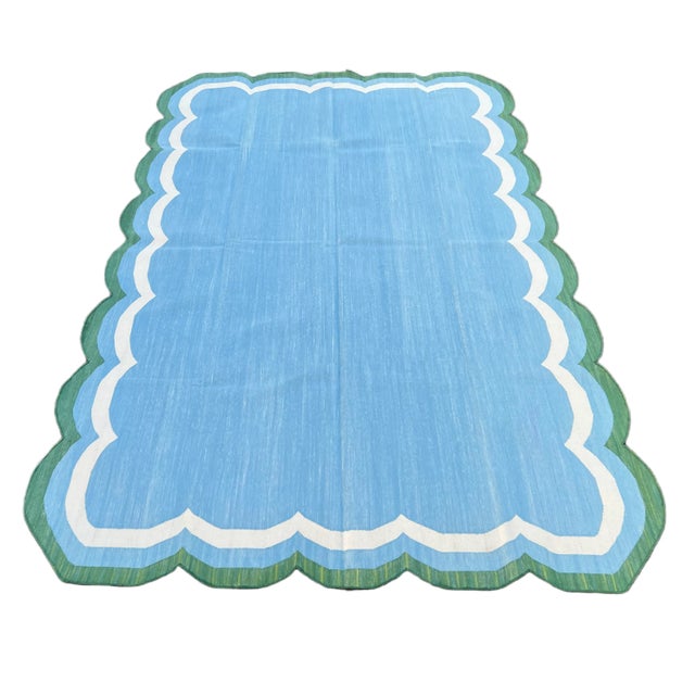 Handmade Cotton Area Scalloped Rug Sky Blue, Cream and Forest Green Border Dhurrie - 12'x15' For Sale - Image 9 of 11