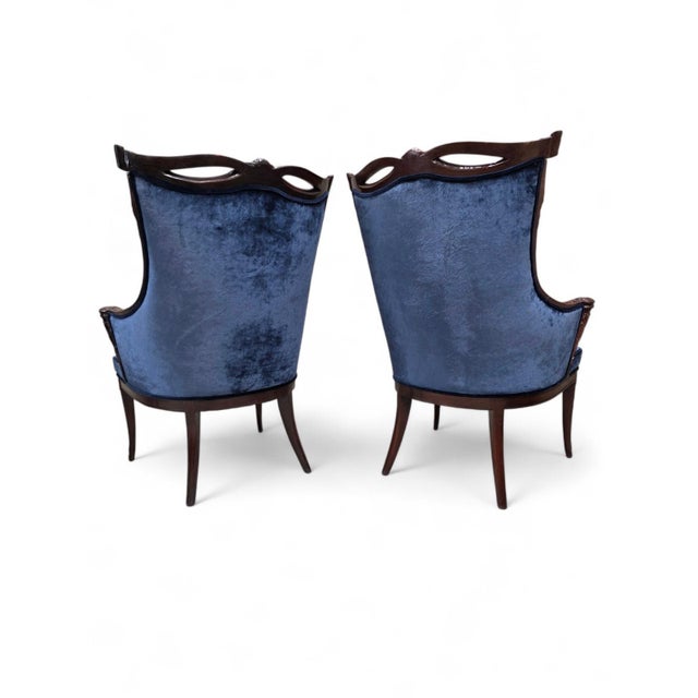 Mid 20th Century Vintage Regency Revival Style Wingback Chairs Attributed to Grossfeld House Newly Reupholstered – Pair For Sale - Image 5 of 11