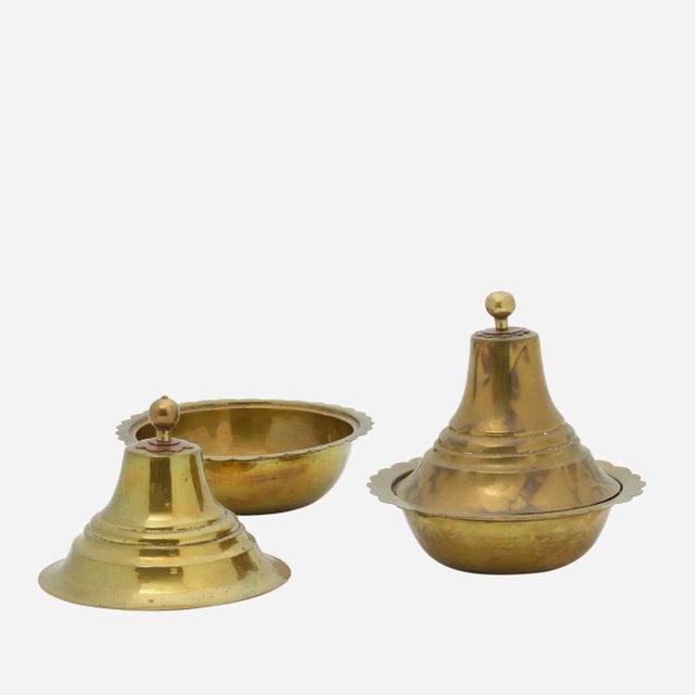Pair of brass bowls with brass and copper lids marked A. T. Ankara circa 1960s-70s Bowls measure 3” high and 10.5” in...