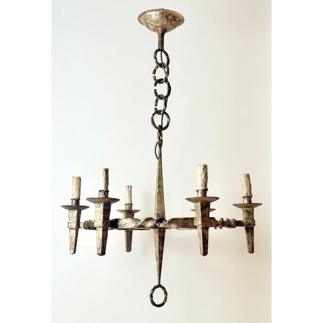 Arts and Crafts Golden Hand-Forged Six-Light Iron Chandelier, Germany, 1920s For Sale - Image 9 of 18