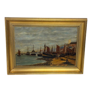 Victorian Coastal Oil Painting of North Shields Harbour the Old Low Light in the Manner of Bernard Benedict Hemy For Sale