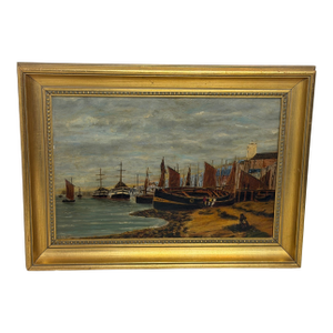 Victorian Coastal Oil Painting of North Shields Harbour the Old Low Light in the Manner of Bernard Benedict Hemy