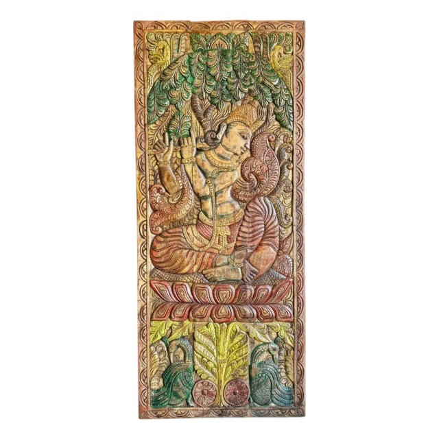Fluting Krishna Carved Wood Wall Art – Vintage Indian Door Panel Decor 83x36 For Sale