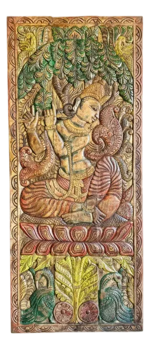 Fluting Krishna Carved Wood Wall Art – Vintage Indian Door Panel Decor 83x36