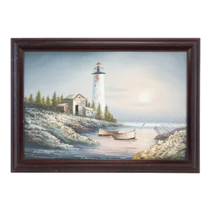 Mid 20th Century European School Serene Lighthouse Sunrise – Large Original Oil on Canvas, Signed