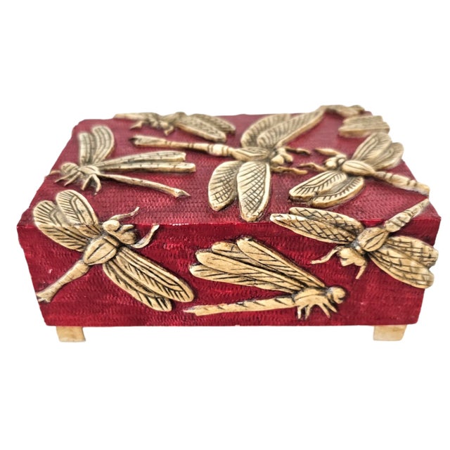 Hand-Carved Vietnamese Soapstone Dragonfly Box in Red and Gold Relief For Sale - Image 4 of 12