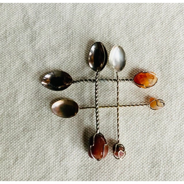 Contemporary Mid-Century Sterling Silver Spoons With River Amber Stones, Set of Four For Sale - Image 3 of 12
