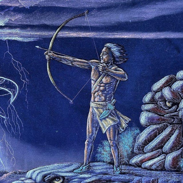 This striking mid-century velvet painting depicts a Native American warrior archer and the American Bald Eagle spirit...