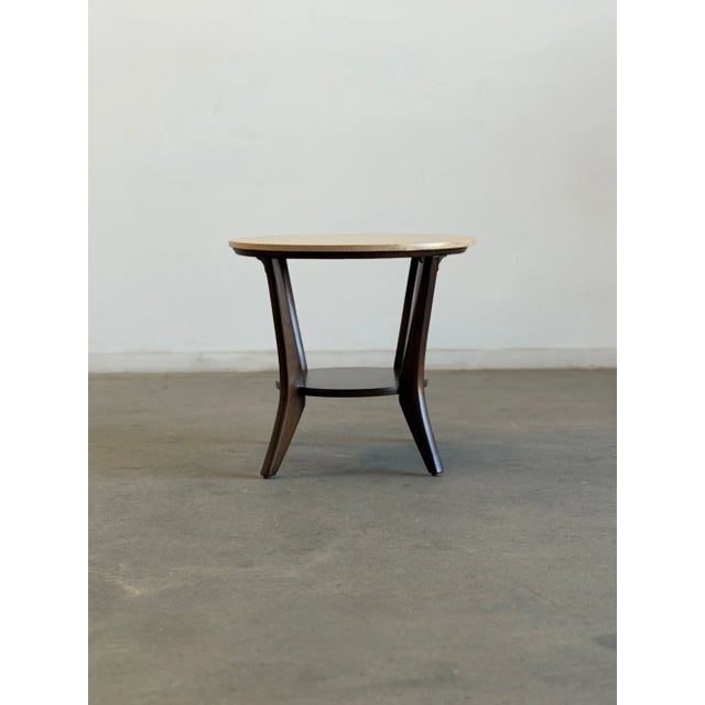 W22 D22 H20 Another variant of this unique piece. Top-heavy stone side table with curved legs stained in a walnut finish....