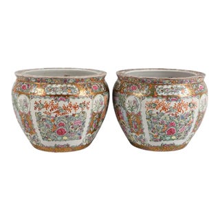 Pair of Chinese Famille Rose Porcelain Fishbowl Planters For Sale