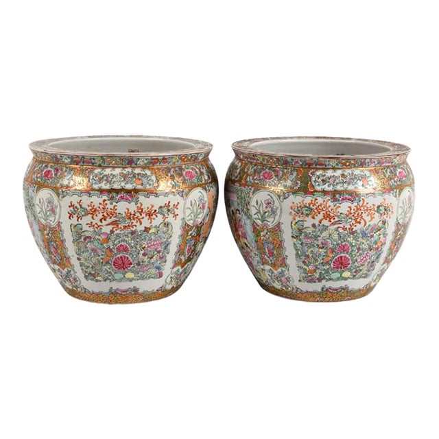 Pair of Chinese Famille Rose Porcelain Fishbowl Planters For Sale