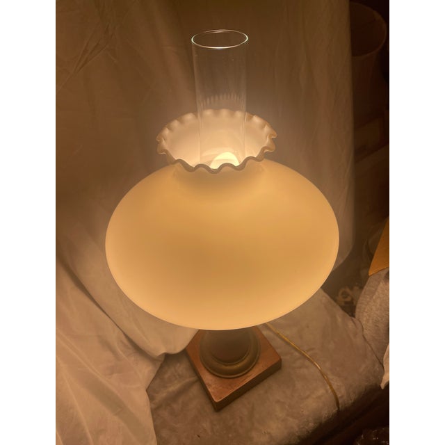 Vintage Quoizel 3-Way Hurricane Lamp Brass W/ Wood Base & Milk Glass Shade For Sale - Image 10 of 11