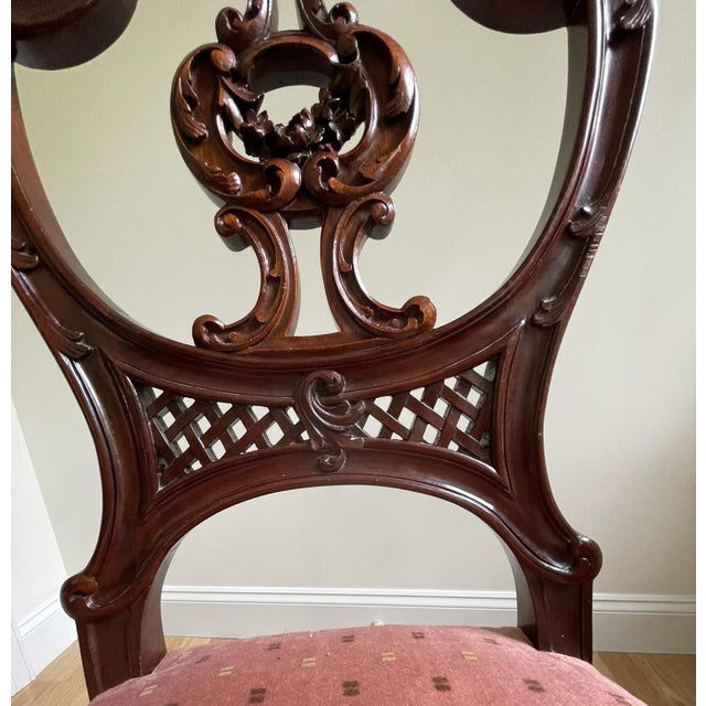 Late 19th Century Victorian Mahogany Parlor Chairs – Carved Elegance With Tapestry Charm (Pair) For Sale - Image 13 of 17