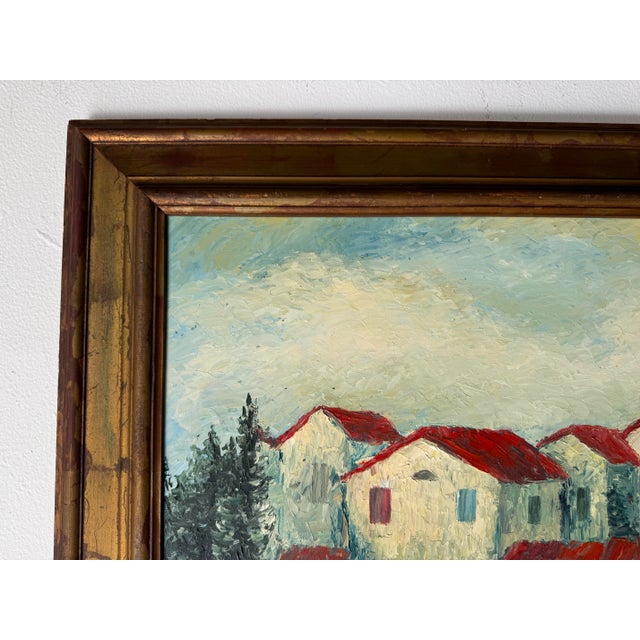 Wood 70's Vintage Mediterranean - Village Impressionist Oil Painting, Framed For Sale - Image 7 of 11