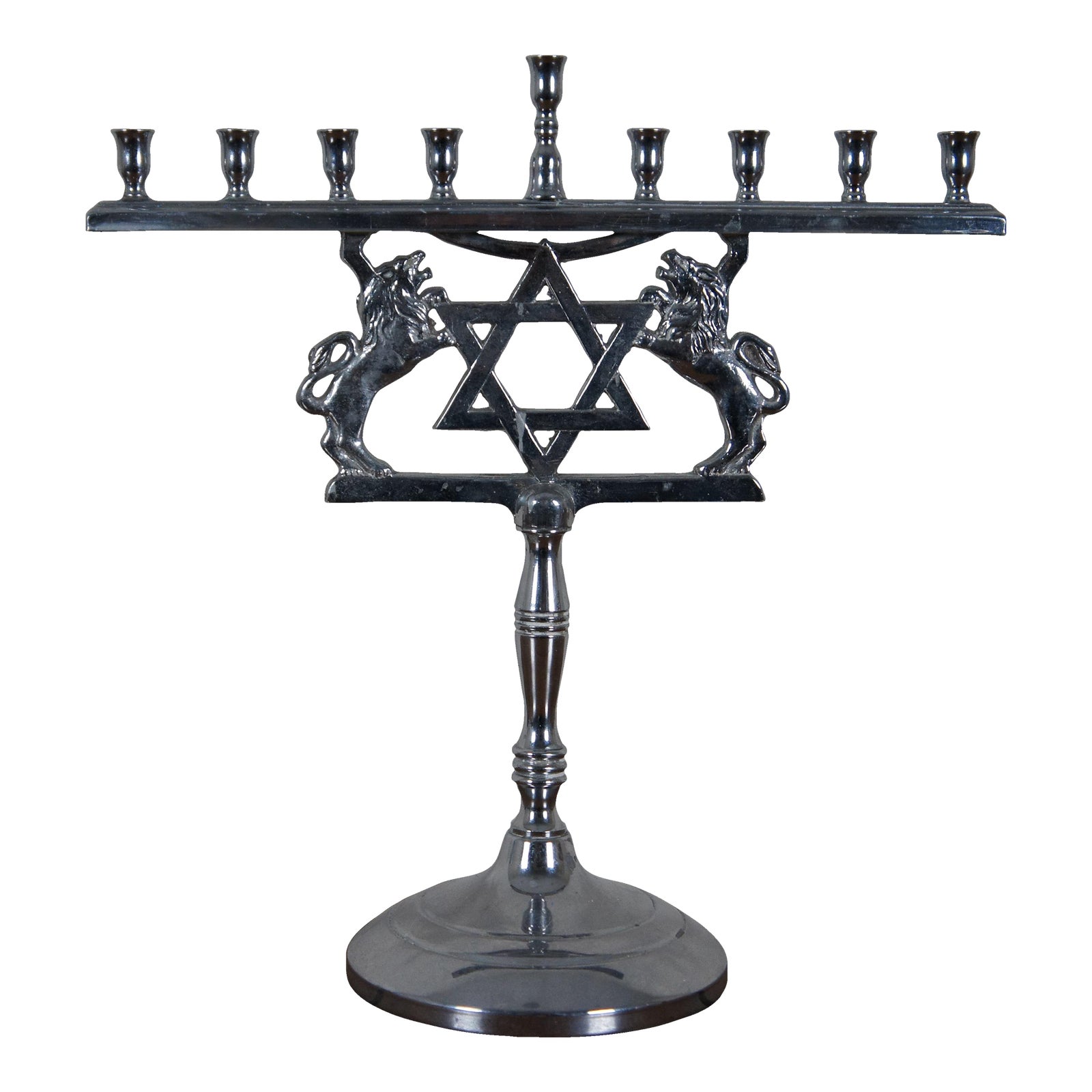 Vintage Cromwell Silver Chromium Lion Jewish Star Hanukkah Menorah