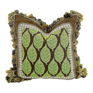 Vintage Leaf Pattern Needlepoint & Fringe Pillow For Sale