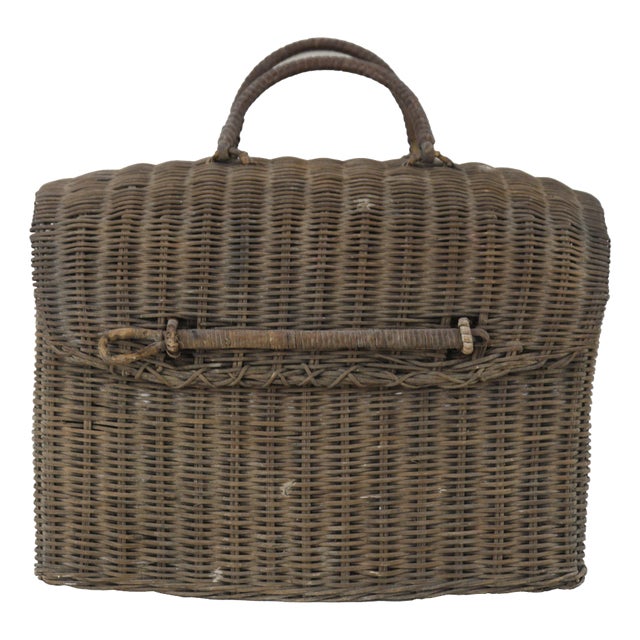 Vintage Woven Rattan Picnic Basket With Handle & Lid – Handwoven Storage & Décor For Sale