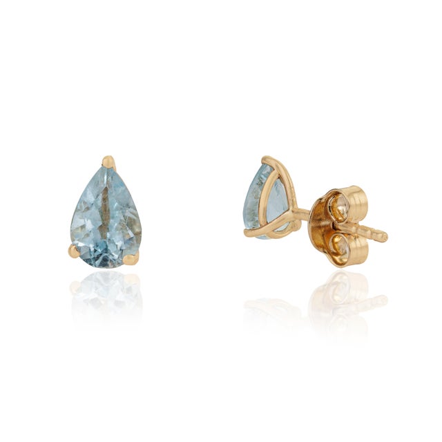 Metal Minimal Pear Cut Natural Aquamarine Solitaire Stud Earrings in 14k Gold- A Pair For Sale - Image 7 of 16