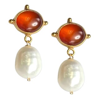 Carnelian Pearl Drop Ear For Sale
