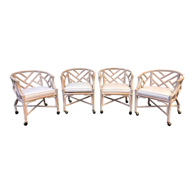 Henry Link Dining Set. Fully Refurbished, New Upholstered Seats. Chippendale, White Washed Chairs and Table With Glass. Classic Coastal Design For Sale