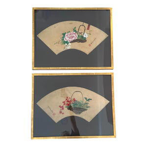 Pair Framed Antique Chinese Painted Paper Fans in Custom 23 Karat Water Gilt Frames