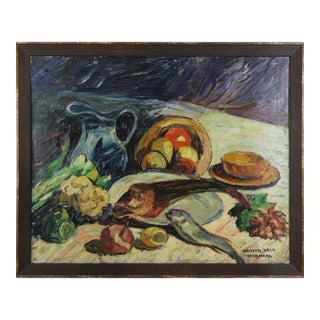 Nandor Vagh Weinmann Original Still Life Oil Painting - Fish, Fruit, and Blue Jug For Sale
