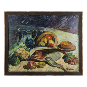 Nandor Vagh Weinmann Original Still Life Oil Painting - Fish, Fruit, and Blue Jug