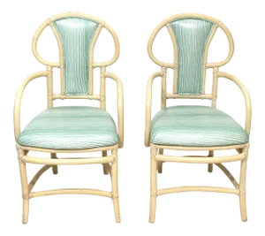 Mid-Century Modern Willow & Reed Rattan Bamboo Armchairs in Brunschwig & Fils Upholstery - a Pair
