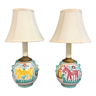 1960s Italian Hand-Painted Ceramic Bedside Lamps With Stylized Animal Motifs - a Pair For Sale