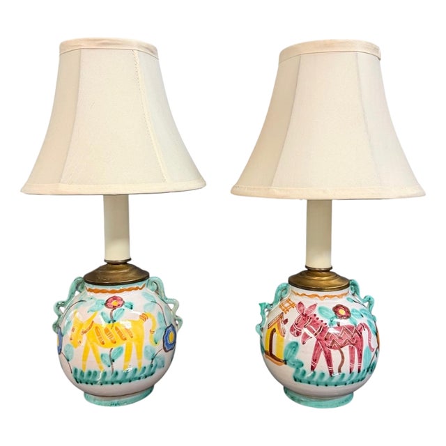 1960s Italian Hand-Painted Ceramic Bedside Lamps With Stylized Animal Motifs - a Pair For Sale