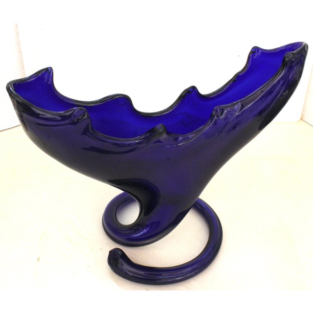 1970s Cobalt Blue Blown Glass American Cornucopia Gondola Centerpiece Vase For Sale - Image 13 of 16