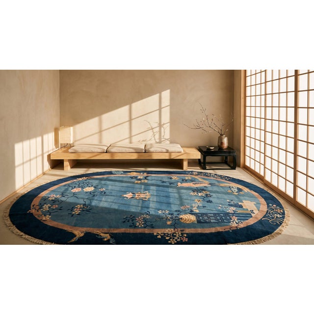 Cornflower Blue 1920s Blue Scene Pictorial Oval Antique Chinese Peking Rug 7'3" X 9'8" Handknotted Wool Carpet For Sale - Image 8 of 9